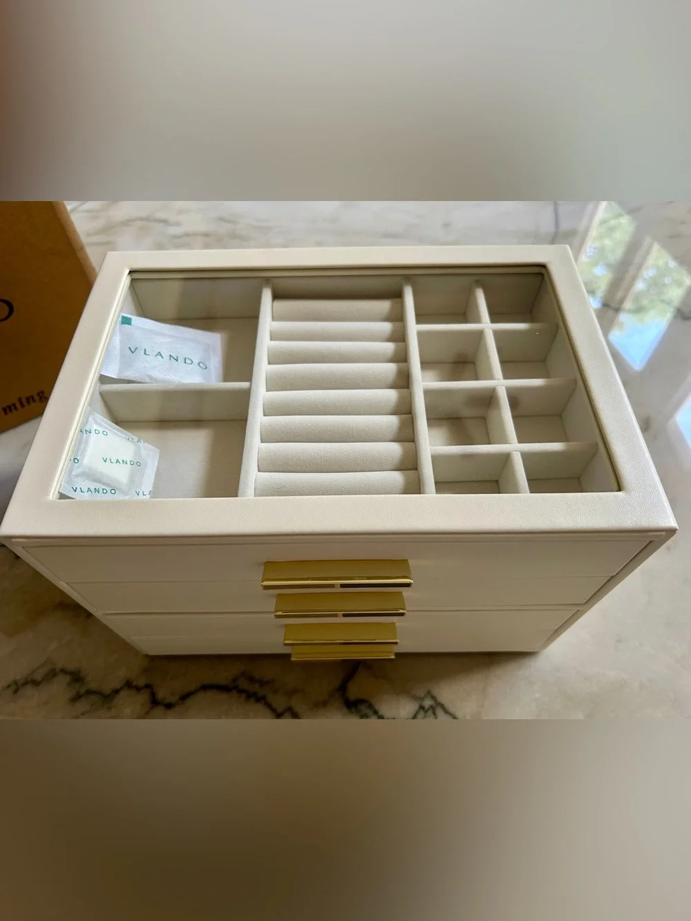 Cream Jewelry Organizer Box with Glass Top and Gold Accents